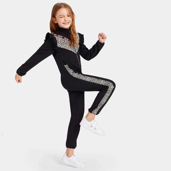 

Girls Leopard Panel Ruffle Trim Track Jumpsuit