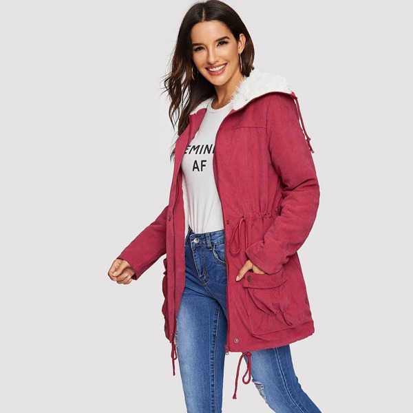 

Contrast Line Pocket Patched Drawstring Waist Parka Coat