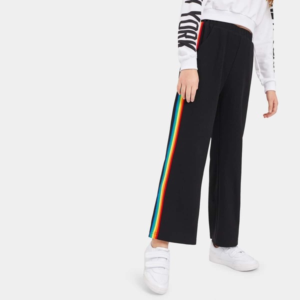 

Girls Rainbow Striped Tape Side Boot-cut Pants, Black