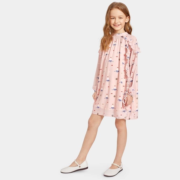 

Girls Ruffle Detail Cartoon Print Dress