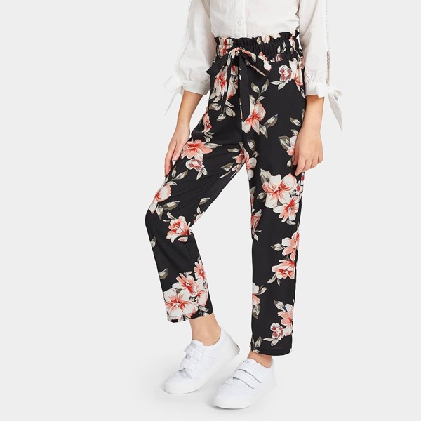 

Girls Elastic Waist Knot Flower Print Pants, Multicolor