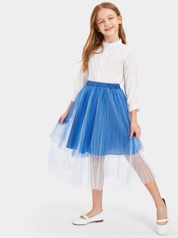 

Girls Mesh Overlay Layered Skirt, Blue
