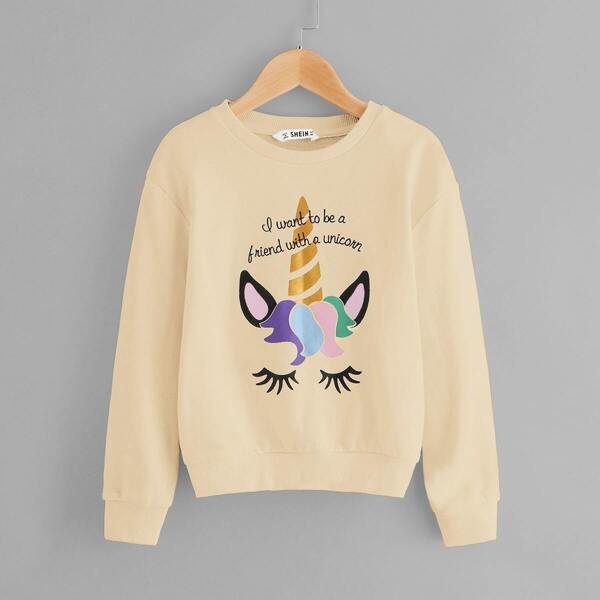 

Girls Letter And Cartoon Print Sweatshirt, Beige