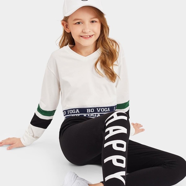 

Girls Crop Lettering Tape Pullover & Leggings Set