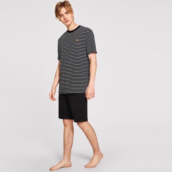 

Men Embroidery Patched Striped Top & Shorts PJ Set