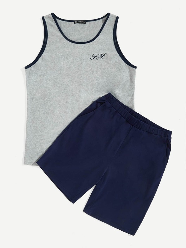 

Men Contrast Binding Letter Graphic Tank Top & Shorts PJ Set, Multicolor