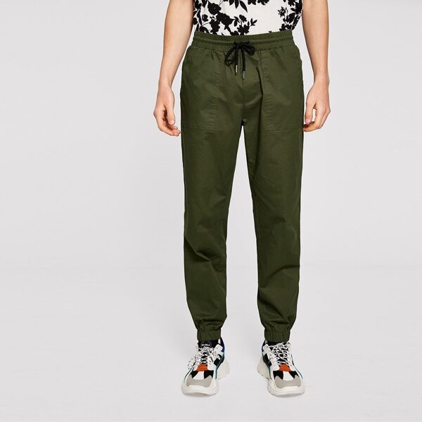 Men Slant Pocket Drawstring Waist Tapered Pants, Army green