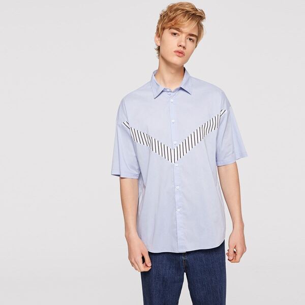 

Men Stripe Panel Curved Hem Buttoned Shirt