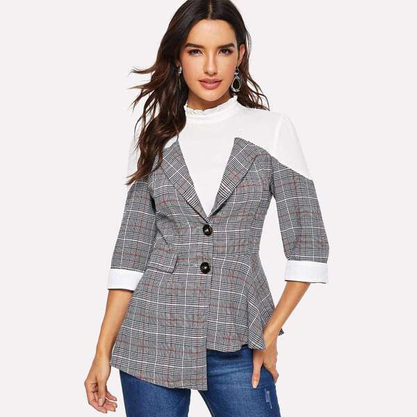 

Asymmetrical Hem Button Plaid Frill Neck Blazer