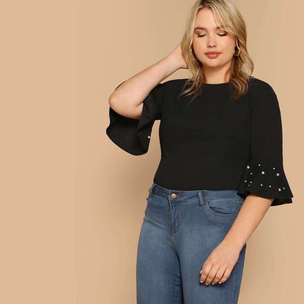 

Plus Pearl Beaded Flounce Sleeve Fitted Top
