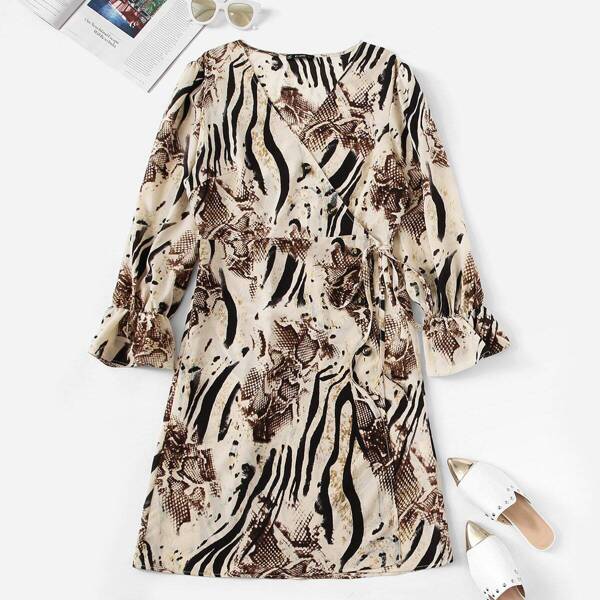 

Plus Animal Print Bell Sleeve Surplice Wrap Dress