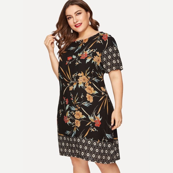 

Plus Floral Print Tunic Dress, Black
