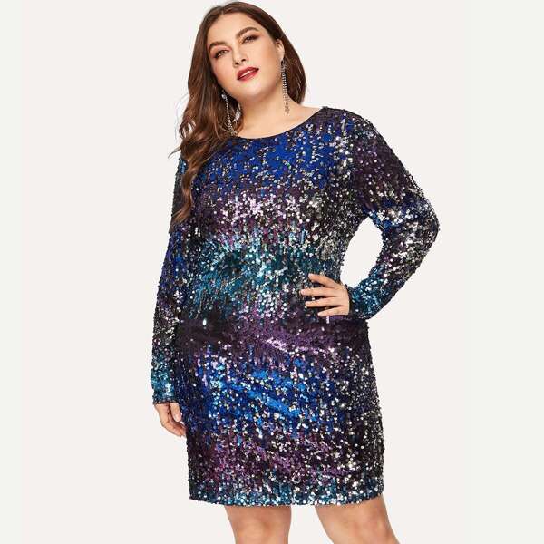 

Plus V-back Color Block Sequins Dress