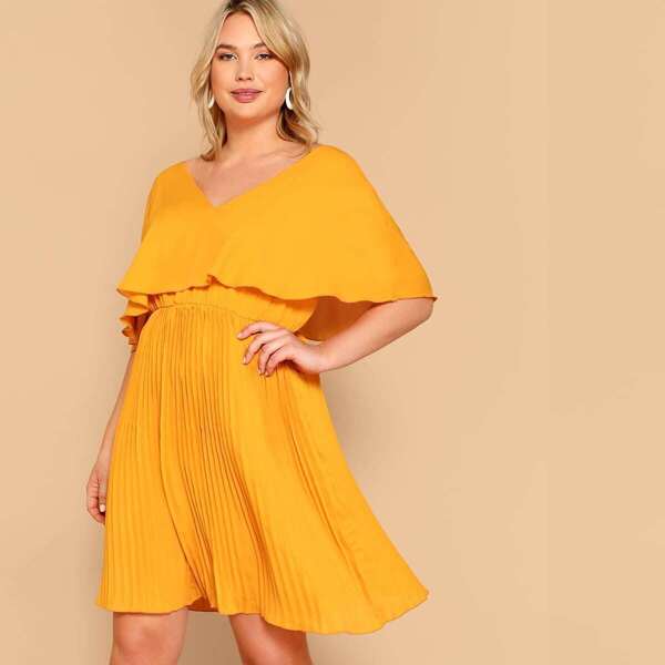 

Plus Ruffle Detail V-neck Solid Dress, Yellow bright