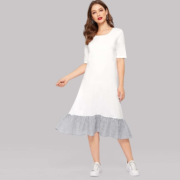 

Striped Ruffle Hem Tee Dress, White