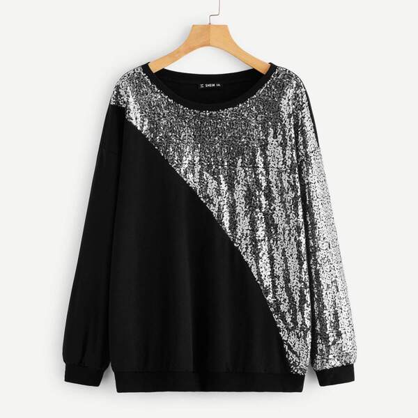 

Plus Sequin Patched Two-tone Sweatshirt