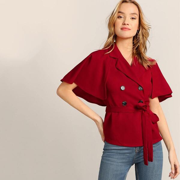 

Notched Collar Double Breasted Belted Cape Trench Blouse