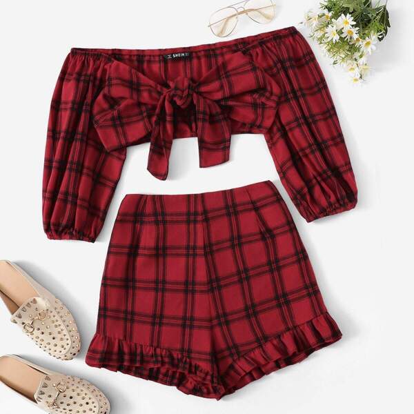 

Plaid Print Knot Bardot Top & Frilled Shorts Set