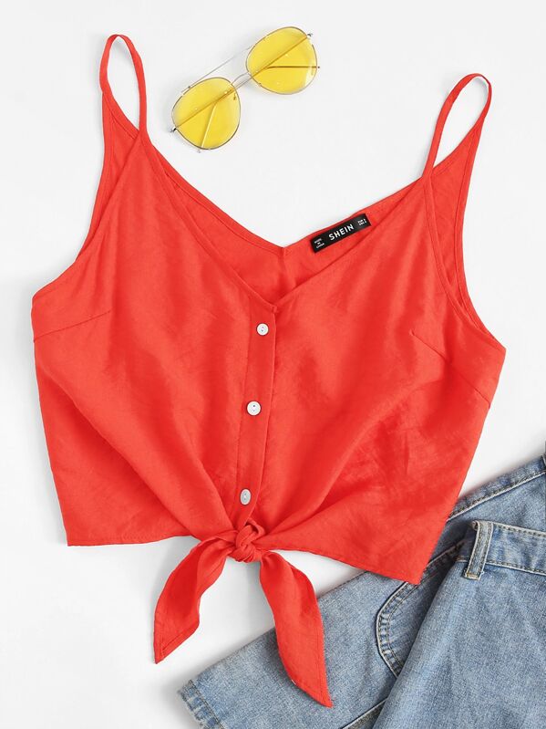 

Button Placket Knot Hem Cami Top, Red