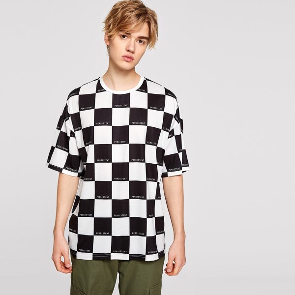 

Men Checked Panel Letter Print Tee