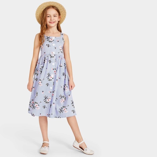 

Girls Button Up Floral & Striped Suspender Dress, Blue
