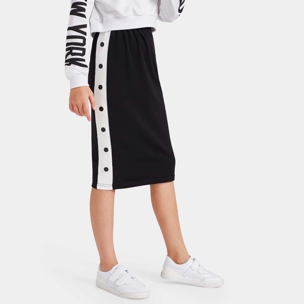 

Girls Buttoned Contrast Side Seam Pencil Skirt, Black