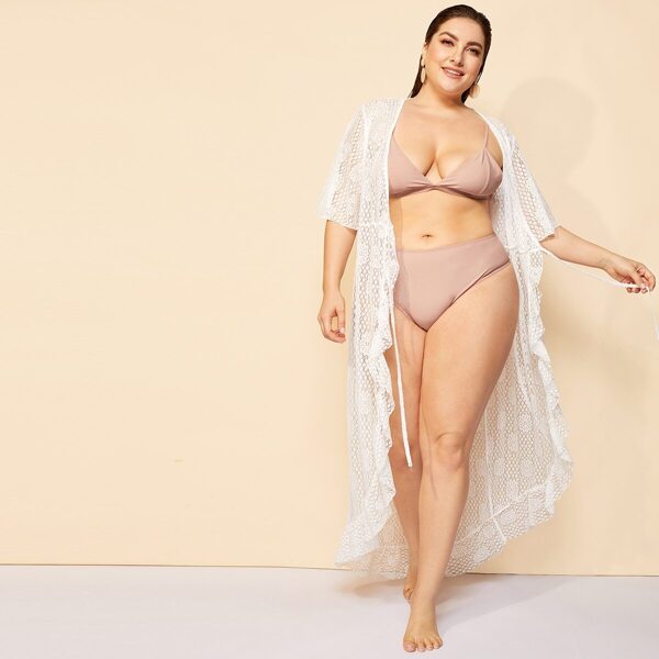 

Plus Floral Lace Tie Waist Wrap Kimono, White