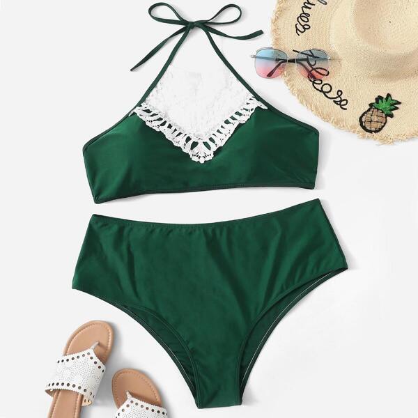 

Plus Contrast Lace Top With High Waist Bikini, Green