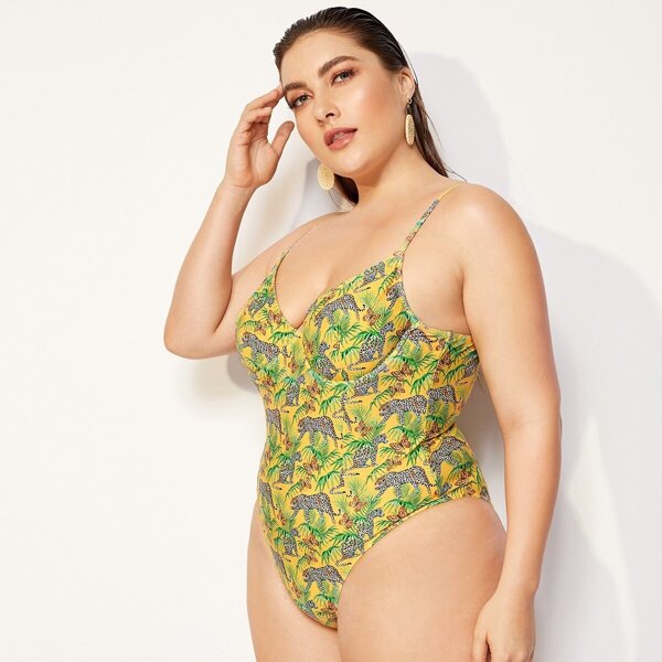 

Plus Animal & Leaf Print Underwire One Piece Swim, Multicolor