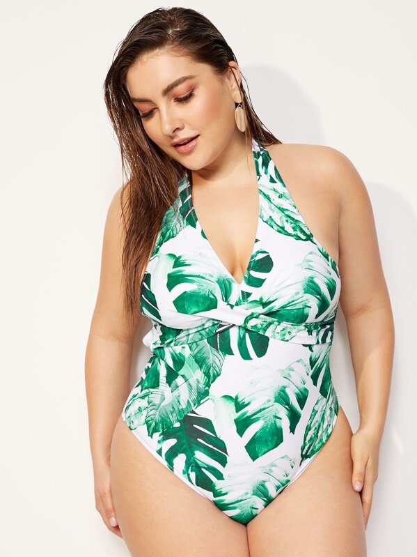 

Plus Palm Print Backless One Piece Swimsuit, Green, Carol