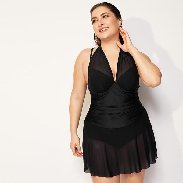 

Plus Underwire Criss Cross Ruched One Piece Swim, Black