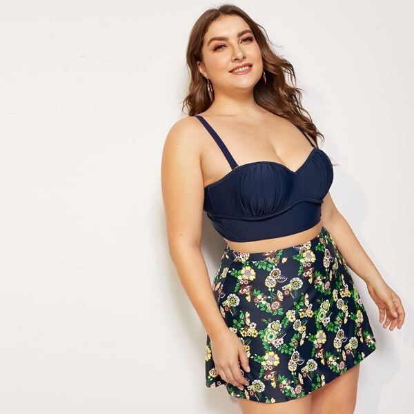 

Plus Ruched Underwire Top With Floral Skort Bikini