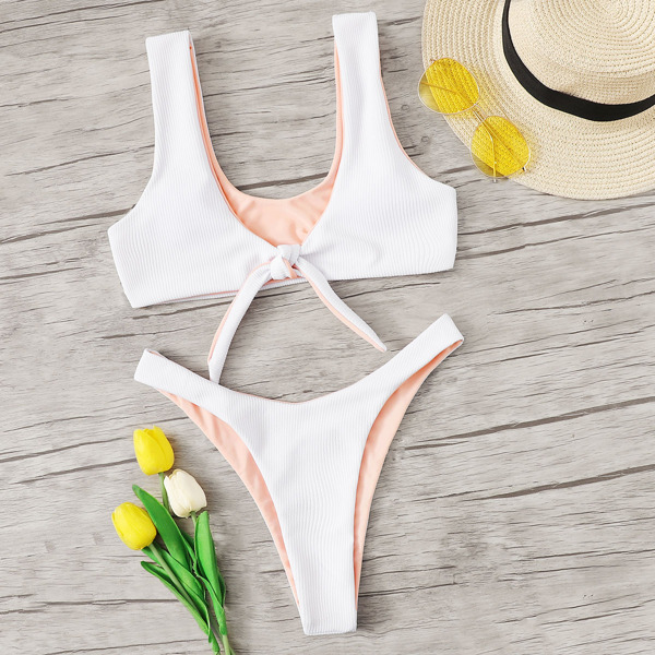 

Ribbed Knot Front Top With High Cut Bikini, Multicolor