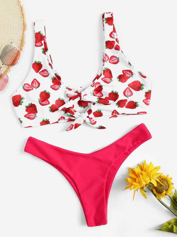 

Random Strawberry Print Top With Cheeky Bikini, Multicolor