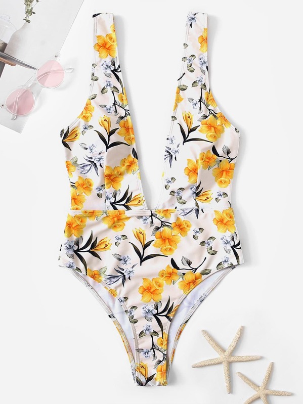 

Random Flower Print Plunge One Piece Swimsuit, Multicolor