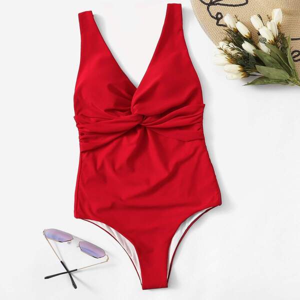 

Twist Ruched Low Back One Piece Swim, Red