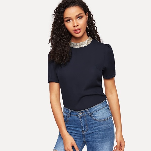 

Contrast Sequin Collar Keyhole Back Blouse, Navy