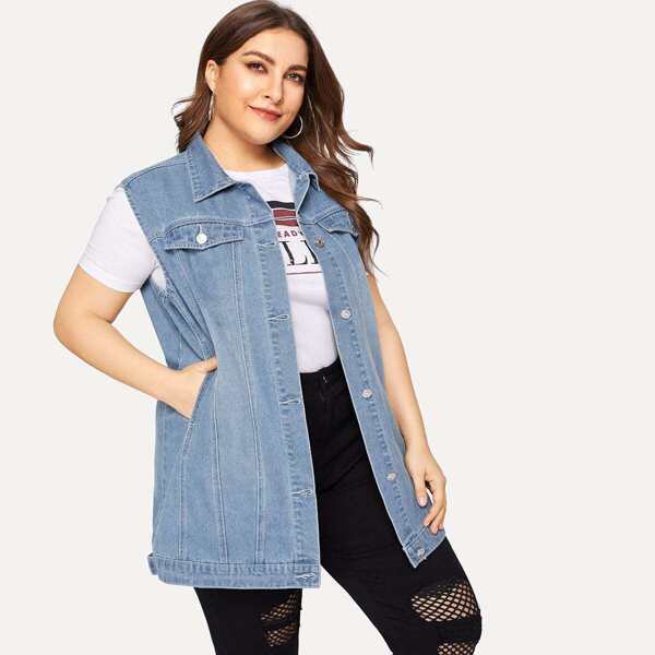 

Plus Dual Pocket Solid Sleeveless Denim Coat
