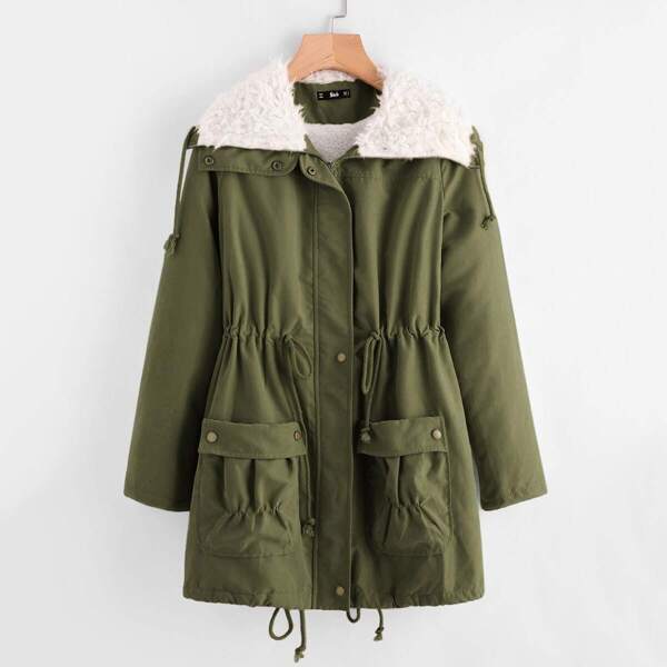 

Fleece Lined Pocket Front Drawstring Parka Coat