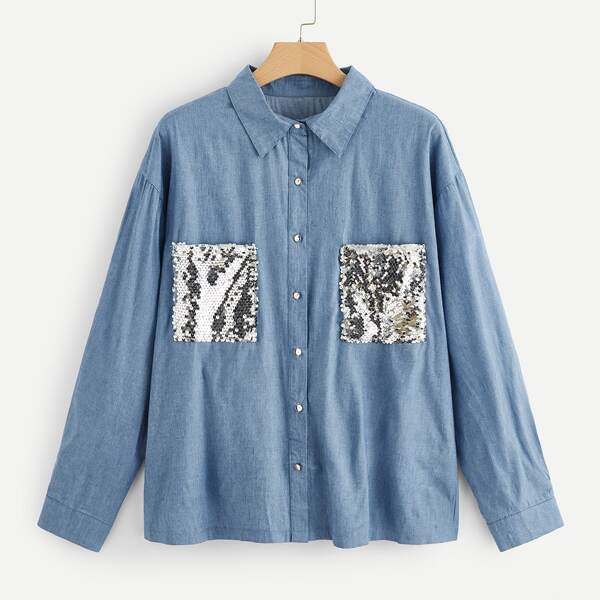 

Plus Contrast Sequin Denim Blouse