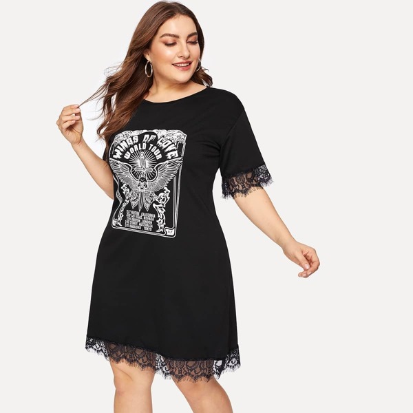 

Plus Lace Panel Letter Graphic Dress, Black