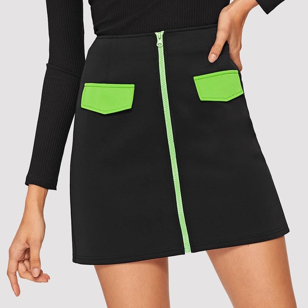 

Zip Up Contrast Panel Skirt