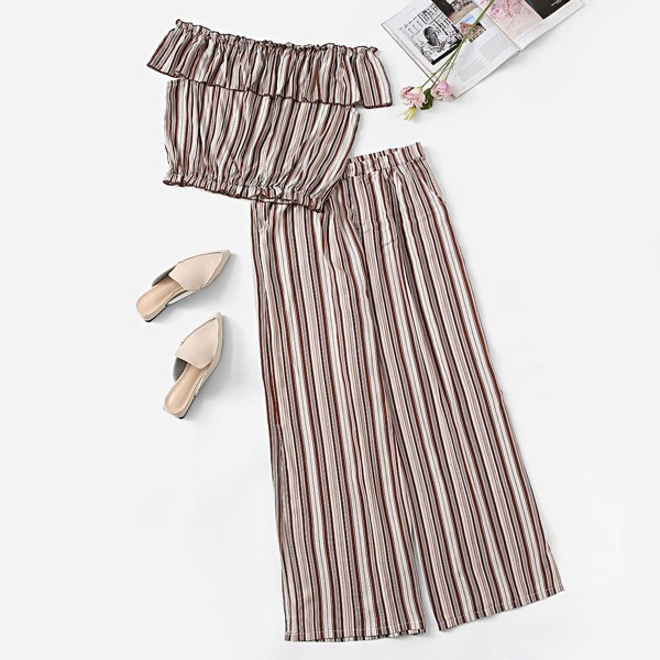 

Plus Off Shoulder Striped Top With Pants, Multicolor