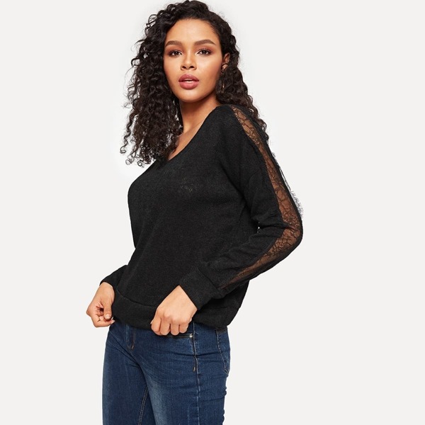 

Contrast Lace V-neck Sweater
