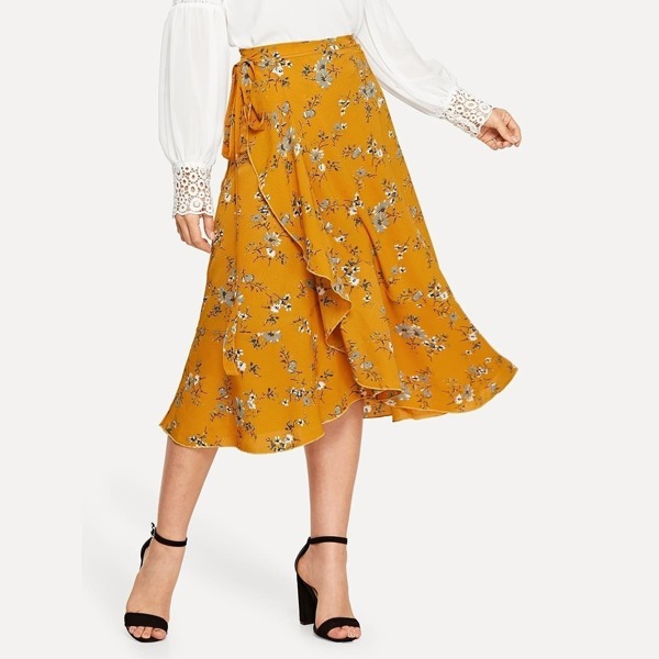 

Floral Print Asymmetrical Hem Wrap Skirt