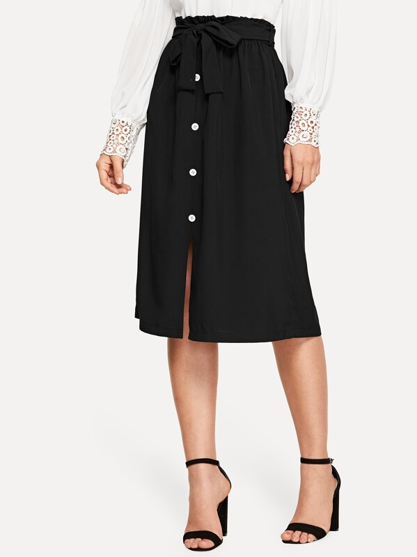 

Button Front Tie Waist Skirt, Black, Debi Cruz