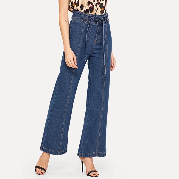 

Waist Belted Flare Jeans, Blue