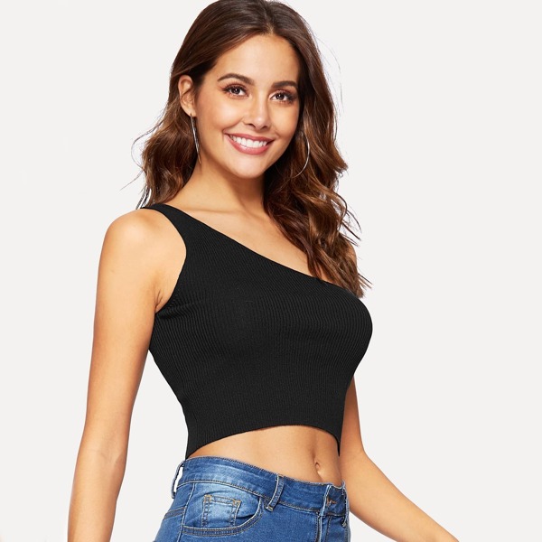 

One shoulder Ribbed Knit Crop Top, Black