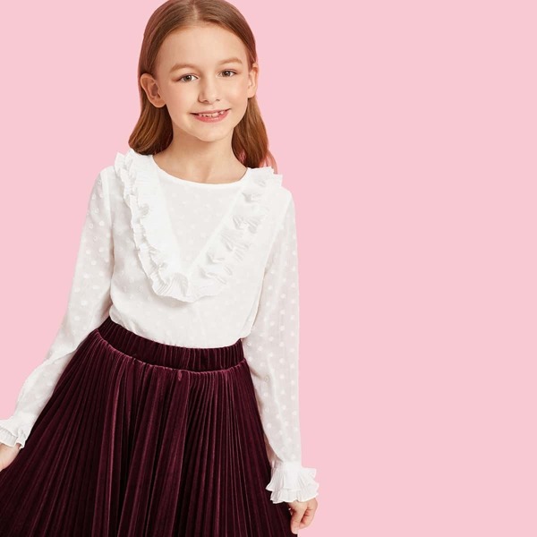

Girls Jabot Collar Layered Cuff Dot Blouse, White