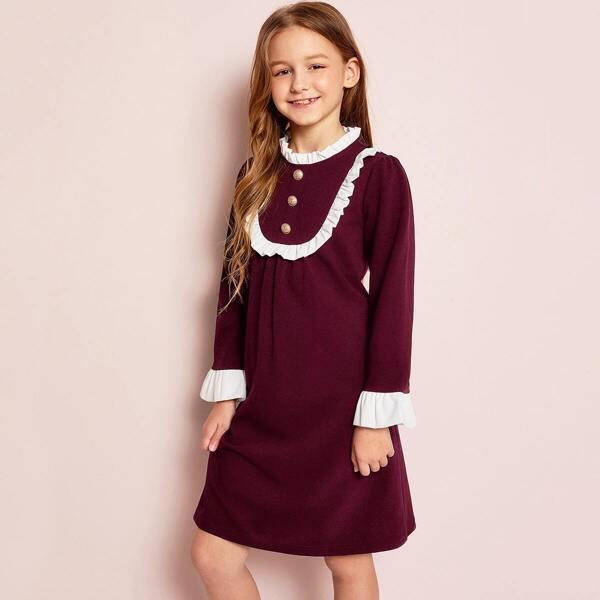 

Girls Buttoned Ruffle Trim Pleated Dress